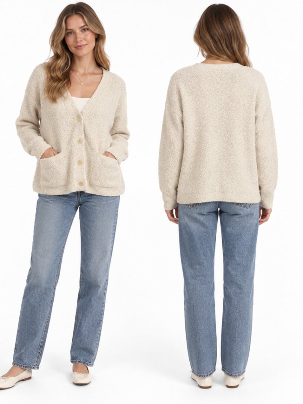 Uniqlo Women's Long Sleeve Button Front Knit Cardigan Sweater Size Medium Cream